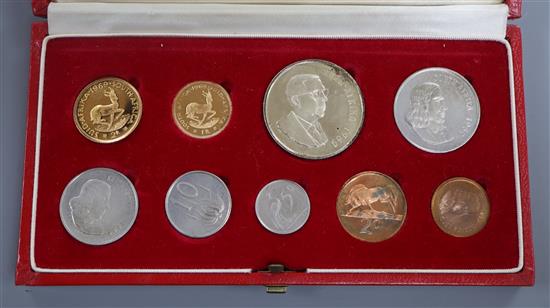 A cased South Africa nine coin set including gold 2 rand and 1 rand, 1969.